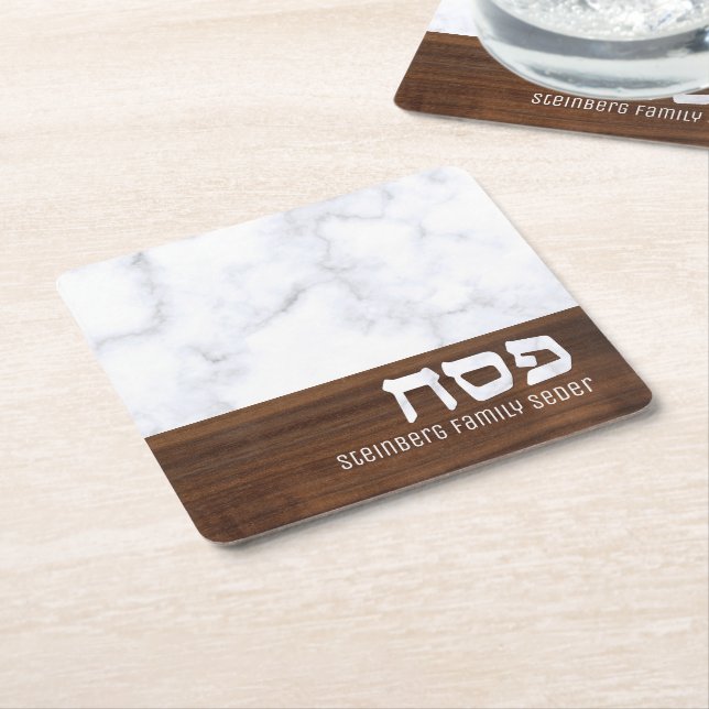 Passover Pesach Personalized Marble + Wood Modern  Square Paper Coaster (Angled)