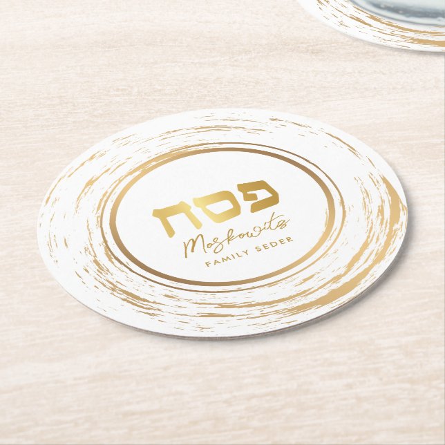 Passover Seder Elegant Modern Gold Swash Round Pap Round Paper Coaster (Angled)