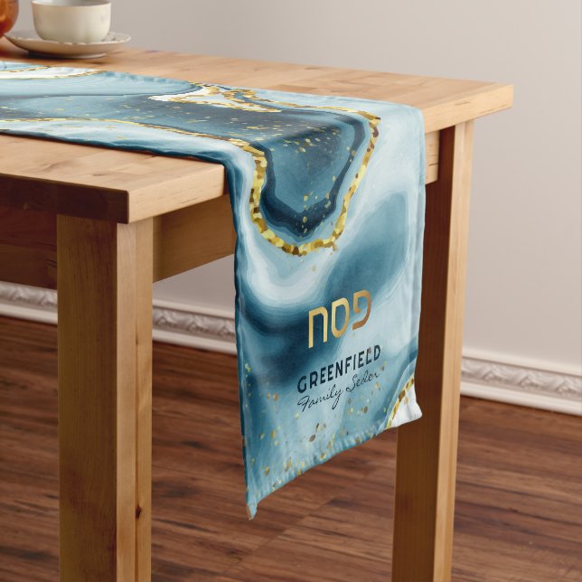 Passover Seder Hebrew Teal Agate Personalized Medi Medium Table Runner (In Situ)