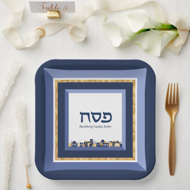 Passover Seder Jerusalem Blue Gold Hebrew Paper Plates (Wedding)
