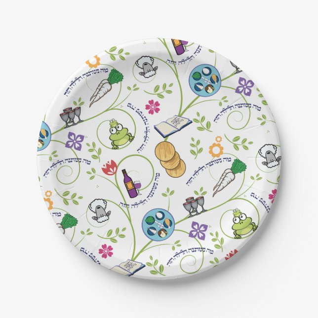 Passover Seder Matza Wine Frogs Colorful Quirky Paper Plates (Front)