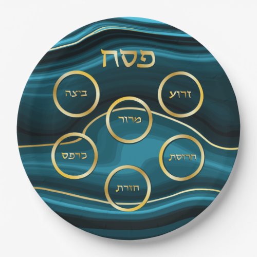 Passover  Seder Plate Faux Agate Teal  Gold