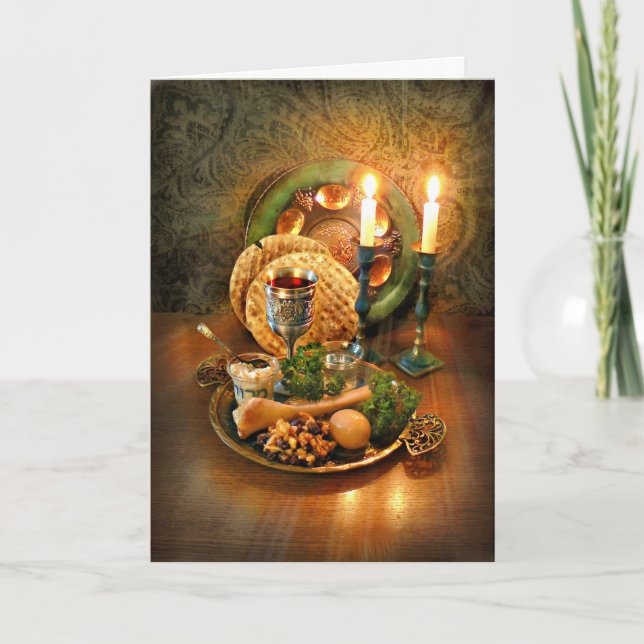 Passover Seder Table, Wine & Matzah Card (Front)