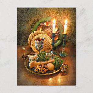 Passover Seder Table, Wine & Matzah Postcard