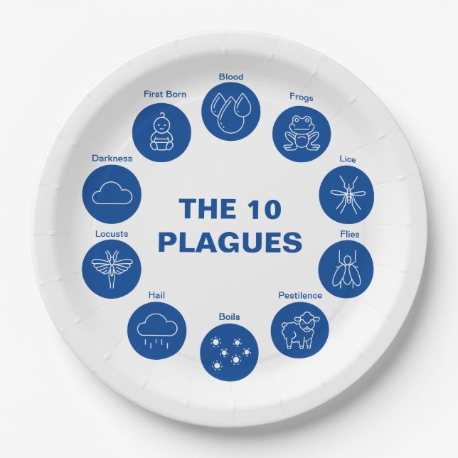 Passover Seder The 10 Plagues Blue and White  Paper Plates (Front)