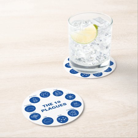 Passover The 10 Plagues Blue And White Seder Round Paper Coaster