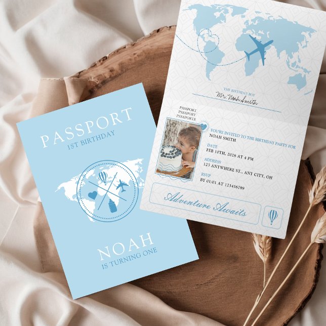 Passport Adventure Awaits Blue Boy 1st Birthday Invitation (Creator Uploaded)