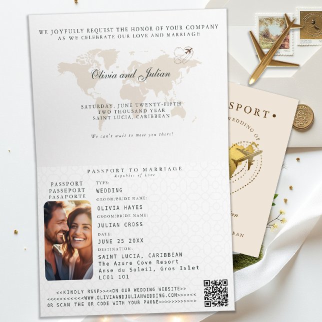 Passport Caribbean St. Lucia Destination Wedding Invitation (passport wedding invitation destination saint lucia carribean elegant calligraphy rsvp qr)