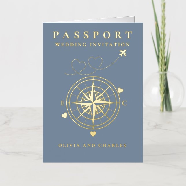 Passport Destination Blue Gold Wedding Invitation  (Front)