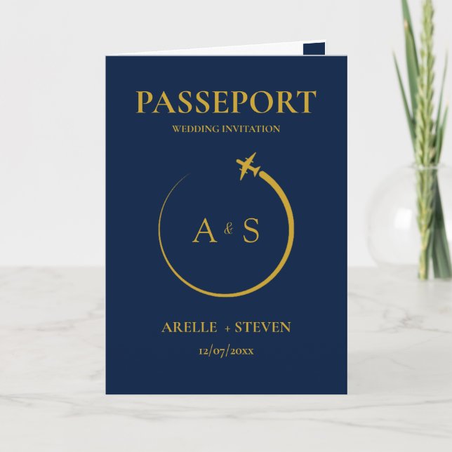 Passport Destination Faux gold Wedding Invitation (Front)