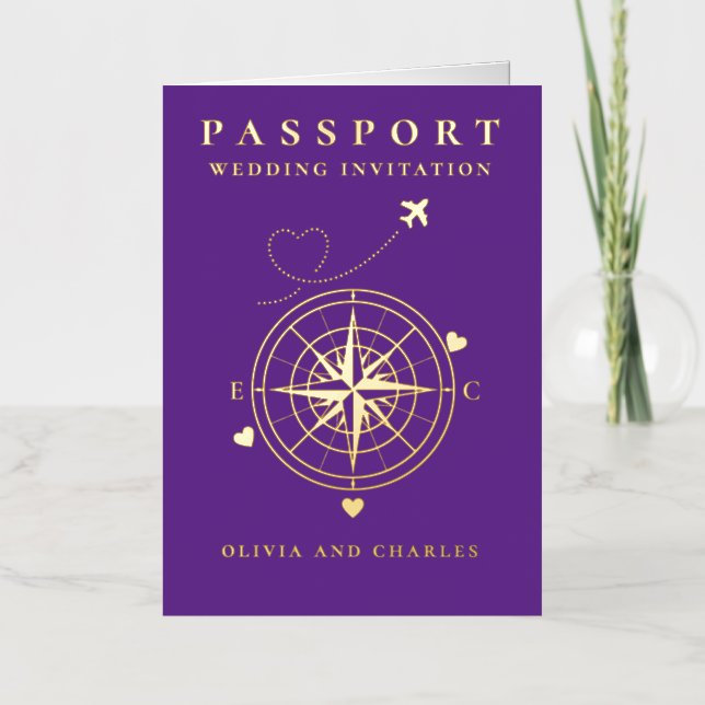 Passport Destination Purple Wedding Invitation  (Front)
