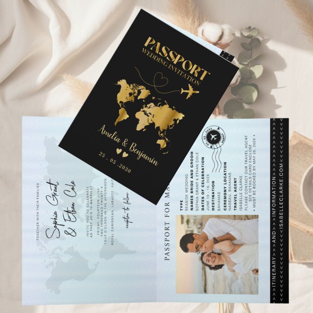 Passport Destination Wedding Faux gold invitation (Creator Uploaded)