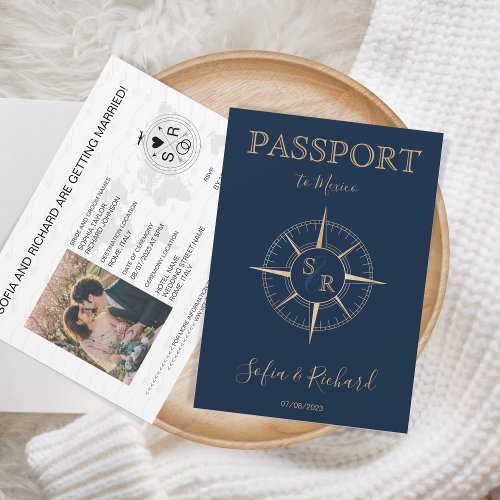 Passport Destination Wedding Gold Compass Monogram Invitation