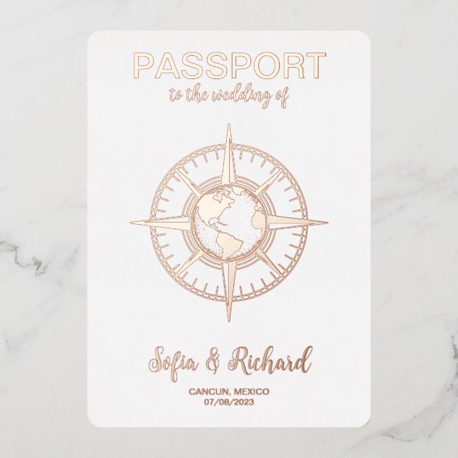 Passport Destination Wedding Gold Foil World Map Invitation (Front)