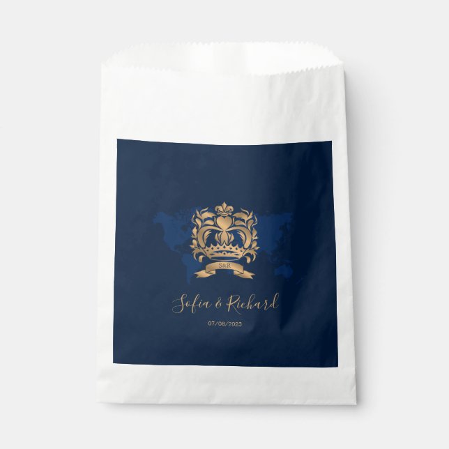 Passport Destination Wedding Gold Navy Map Crest Favor Bag (Front)
