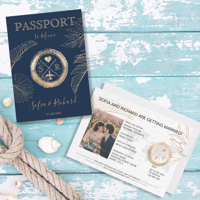 Passport Destination Wedding Palm Plane Monogram Invitation (passport navy blue with gold stamp and palm leaves)