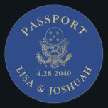 Passport Emblem Travel Theme Seal Favor Label<br><div class="desc">Authentic looking passport cover design favor label or sticker is shown in blue and faux gold foil effect, but select any background color to coordinate with your travel theme party or destination wedding color scheme. Works as an oversized envelope sticker seal or favor label for a travel, wanderlust, "around the...</div>