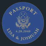 Passport Emblem Travel Theme Seal Favor Label<br><div class="desc">Authentic looking passport cover design favor label or sticker is shown in blue and faux gold foil effect, but select any background color to coordinate with your travel theme party or destination wedding color scheme. Works as an oversized envelope sticker seal or favor label for a travel, wanderlust, "around the...</div>