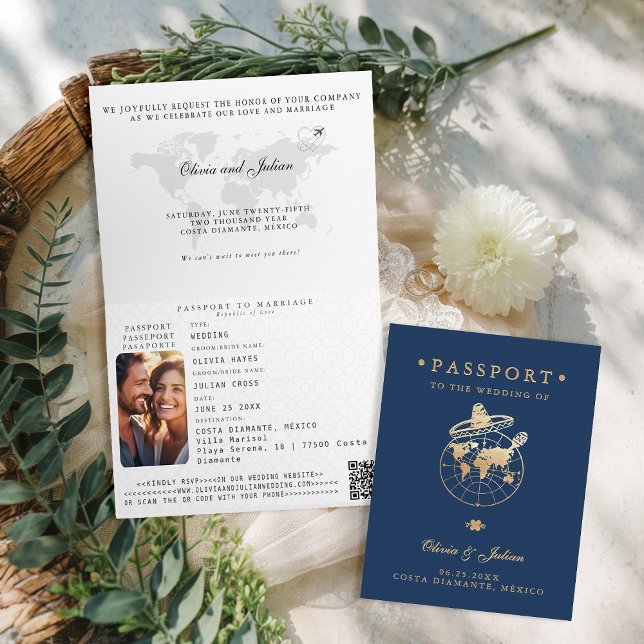 Passport Faux Gold Navy Mexico Destination Wedding Invitation (passport wedding invitation card destination getaway navy faux gold mexico sombrero monograms folded)
