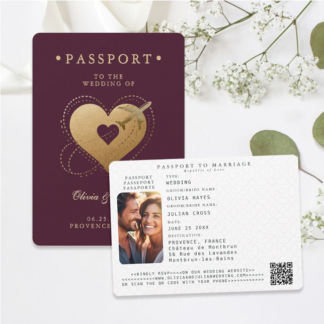 Passport Gold Hearts Plane Red Destination Wedding Invitation (passport wedding invitation card destination getaway burgundy red faux gold hearts airplane)