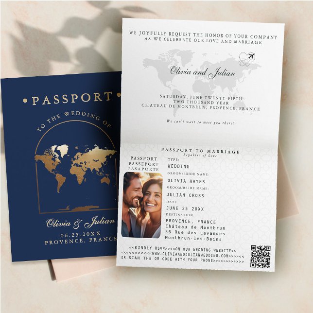 Passport Map Boho Arch Navy Destination Wedding Invitation (passport wedding invitation card destination getaway navy blue faux gold map boho arch monograms fol)