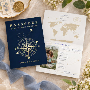 Passport Navy Blue Gold Wedding Save The Date Foil Holiday Card