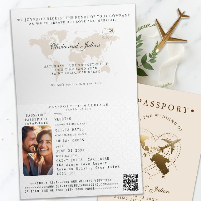 Passport St. Lucia Caribbean Destination Wedding Invitation (passport wedding invitation destination saint lucia caribbean elegant calligraphy rsvp qr)