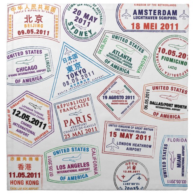 Passport Stamp Pattern Print Cloth Napkin (Front)