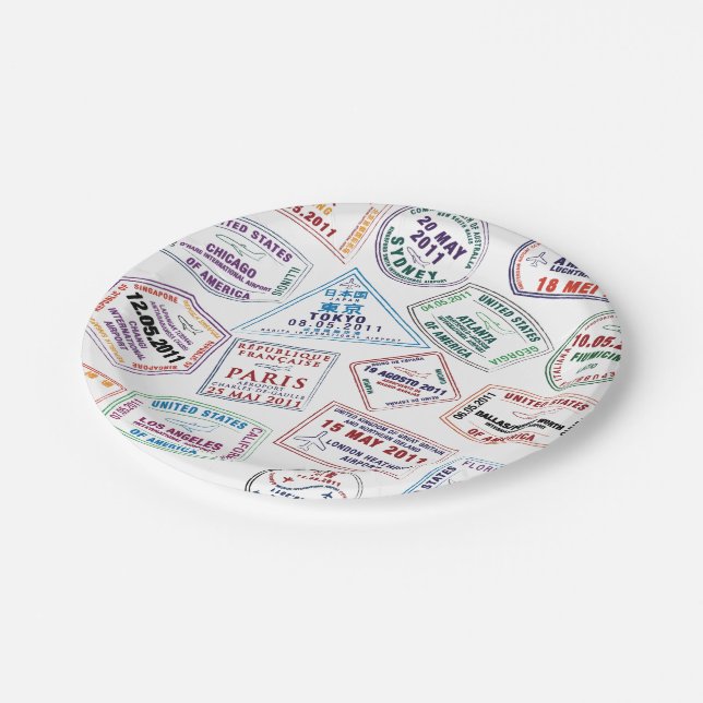 Passport Stamp Pattern Print Paper Plates (Angled)
