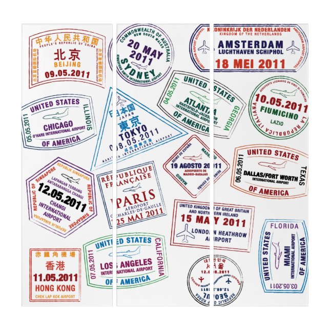 Passport Stamp Pattern Print Triptych (Front)