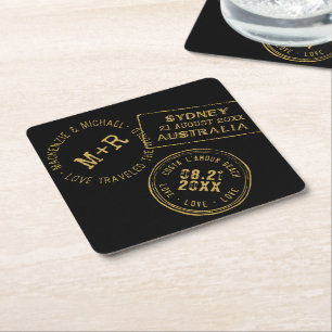 Passport Stamp Personalized Black Gold Square Paper Coaster