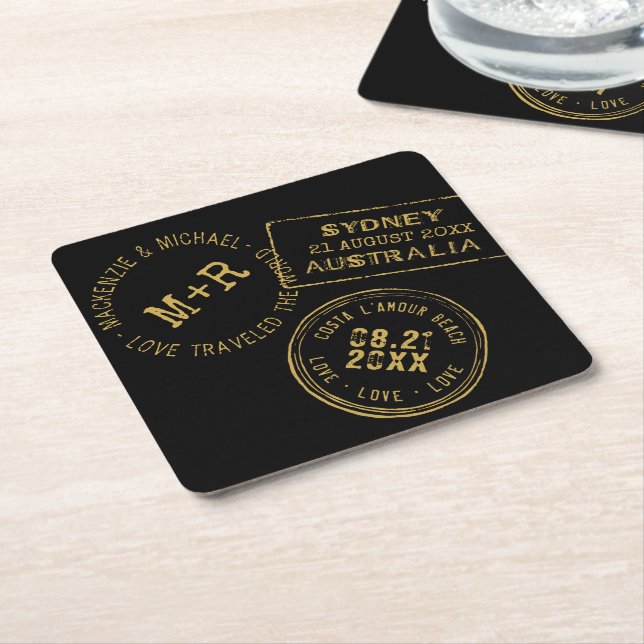 Passport Stamp Personalized Black Gold  Square Paper Coaster (Angled)