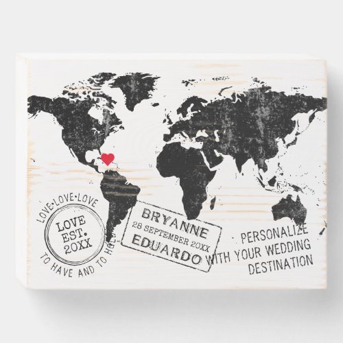 Passport Stamps on Wedding Abroad Location Map Wooden Box Sign
