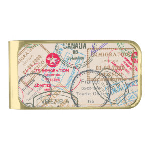 Passport Stamps Travel Gold Finish Money Clip