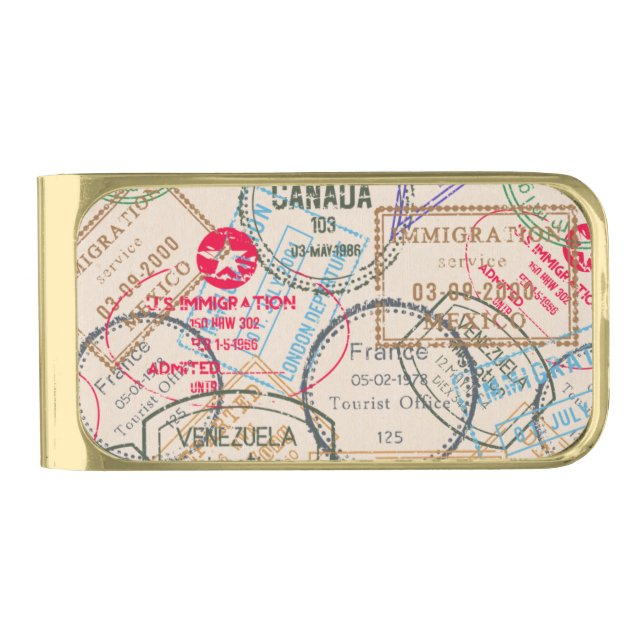 Passport Stamps Travel Gold Finish Money Clip (Front)