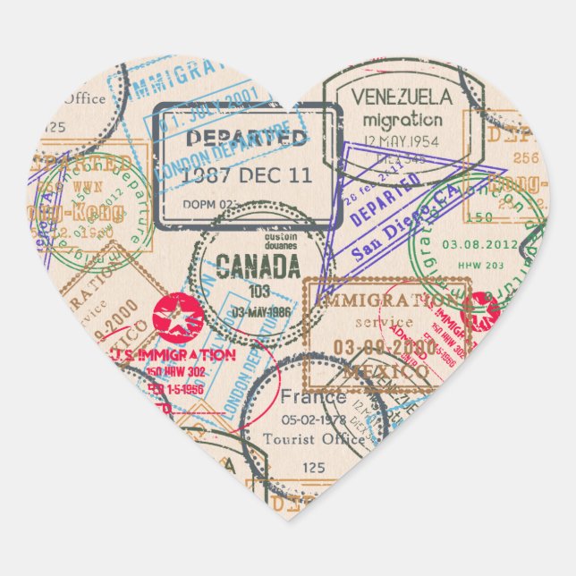Passport Stamps Travel Heart Sticker (Front)