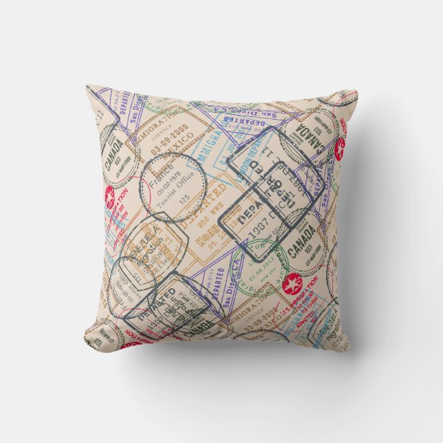 Passport Stamps Travel Throw Pillow (Front)