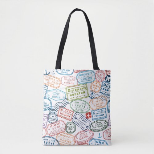 Passport stamps traveler tote bag