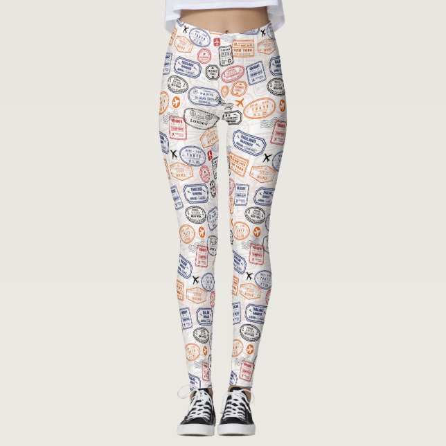 Passport stamps traveler world destinations leggings (Front)