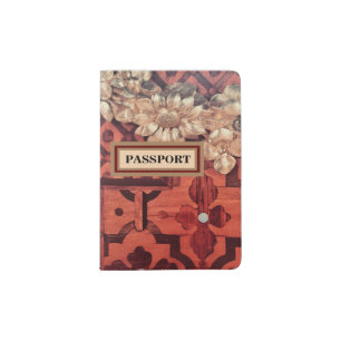 PASSPORT, text, Inlaid Wood & Gold Floral image Passport Holder