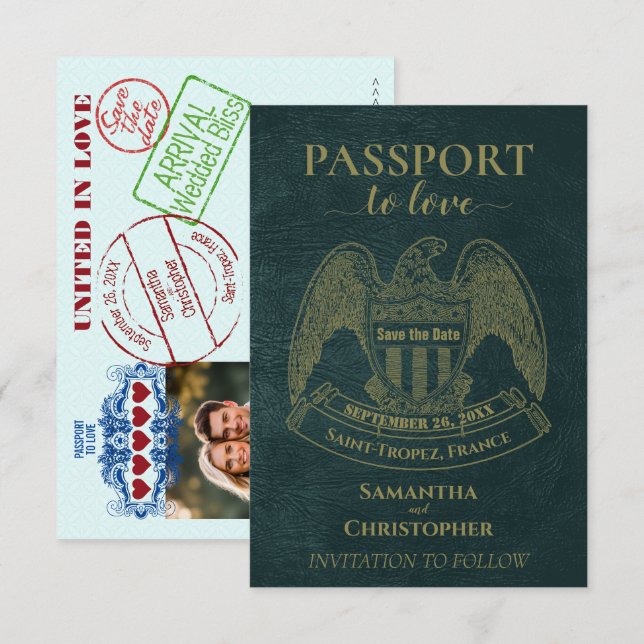 Passport to Love Creative Destination Wedding Teal Save The Date (Front/Back)