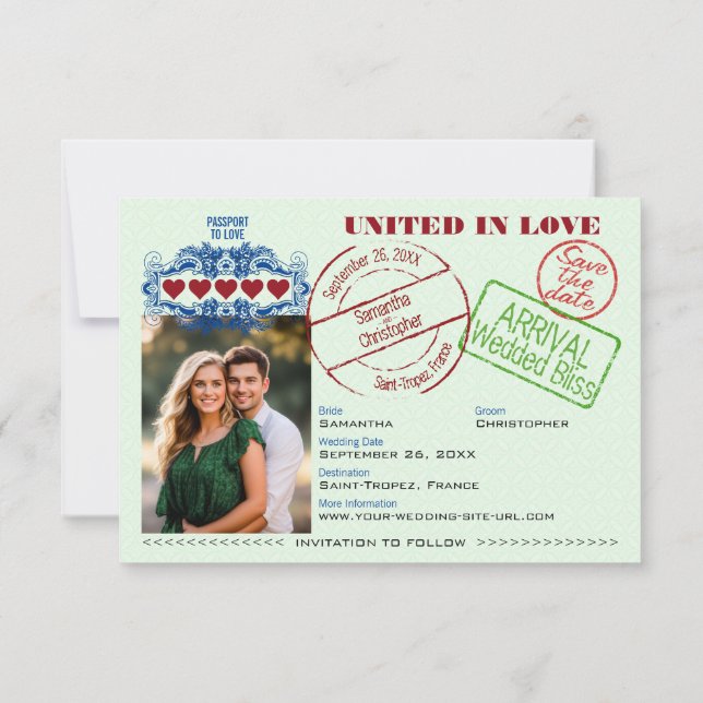 Passport to Love Fun Destination Wedding Green Save The Date (Back)