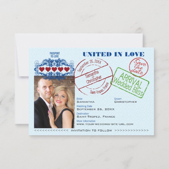 Passport to Love Fun Destination Wedding Navy Blue Save The Date (Back)