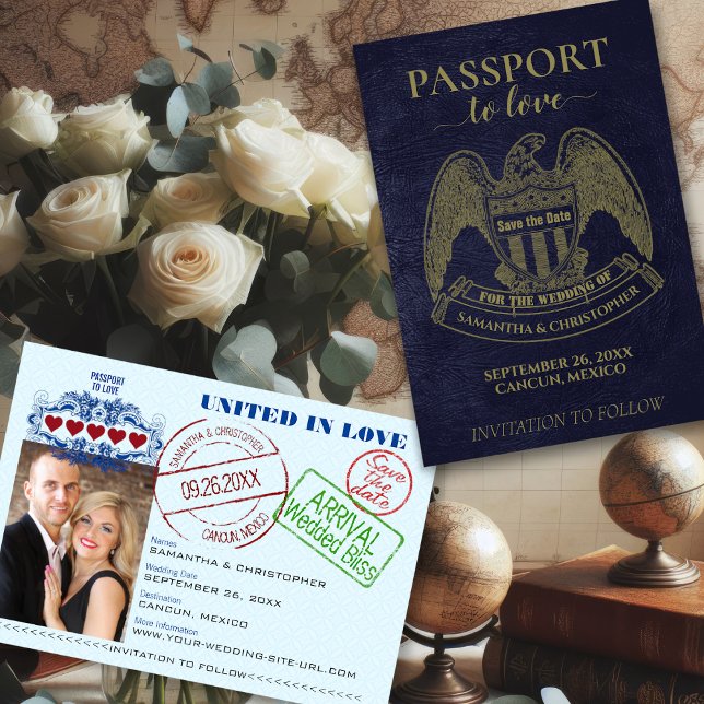 Passport to Love Fun Destination Wedding Save The Date (Front and Back)
