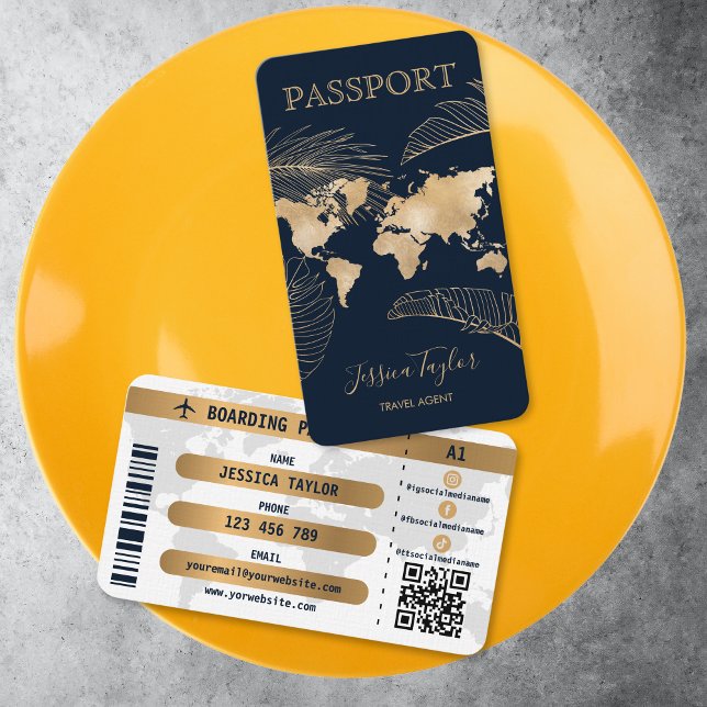 Passport Travel Agency World Map Boarding Pass Business Card (passport like business cardm gold world map on navy background and gold tropical leaves)