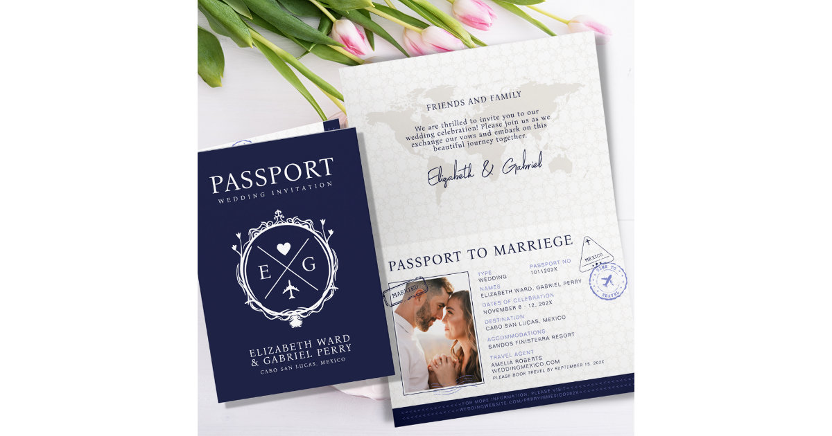 Passport Travel Destination Blue Wedding Invitation | Zazzle