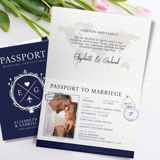 Passport Travel Destination Blue Wedding Invitation | Zazzle