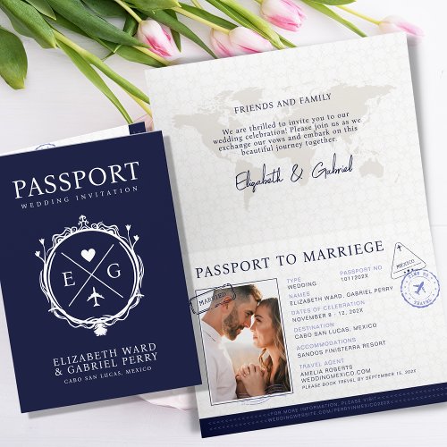 Passport Travel Destination Blue Wedding Invitation