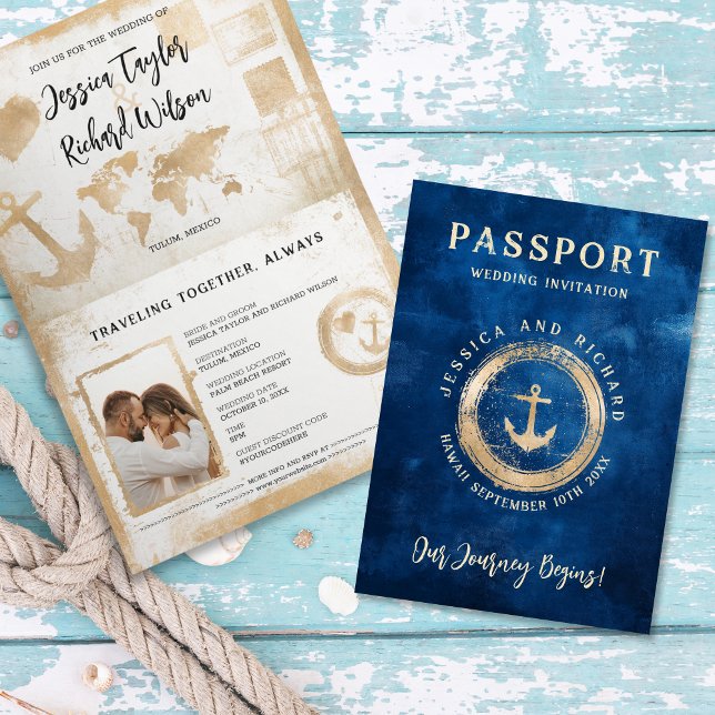 Passport Wedding Cruise Nautical Coastal Vintage Invitation (passport wedding invitation with golden stamp with anchor)