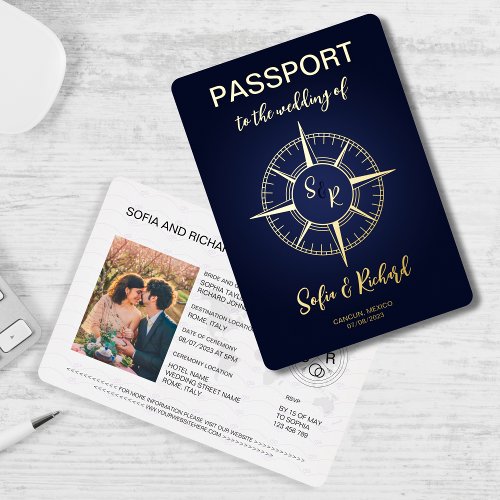 Passport Wedding Destination Gold Compass Monogram Foil Invitation